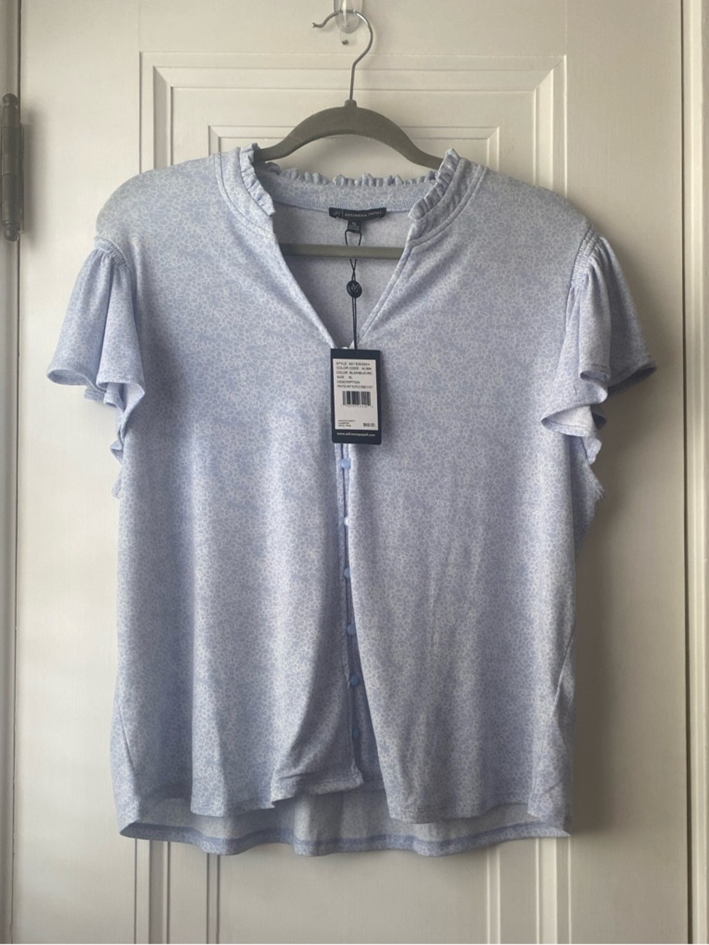 Adrianna Papell light blue & white button front cap sleeve top shirt XL NWT
